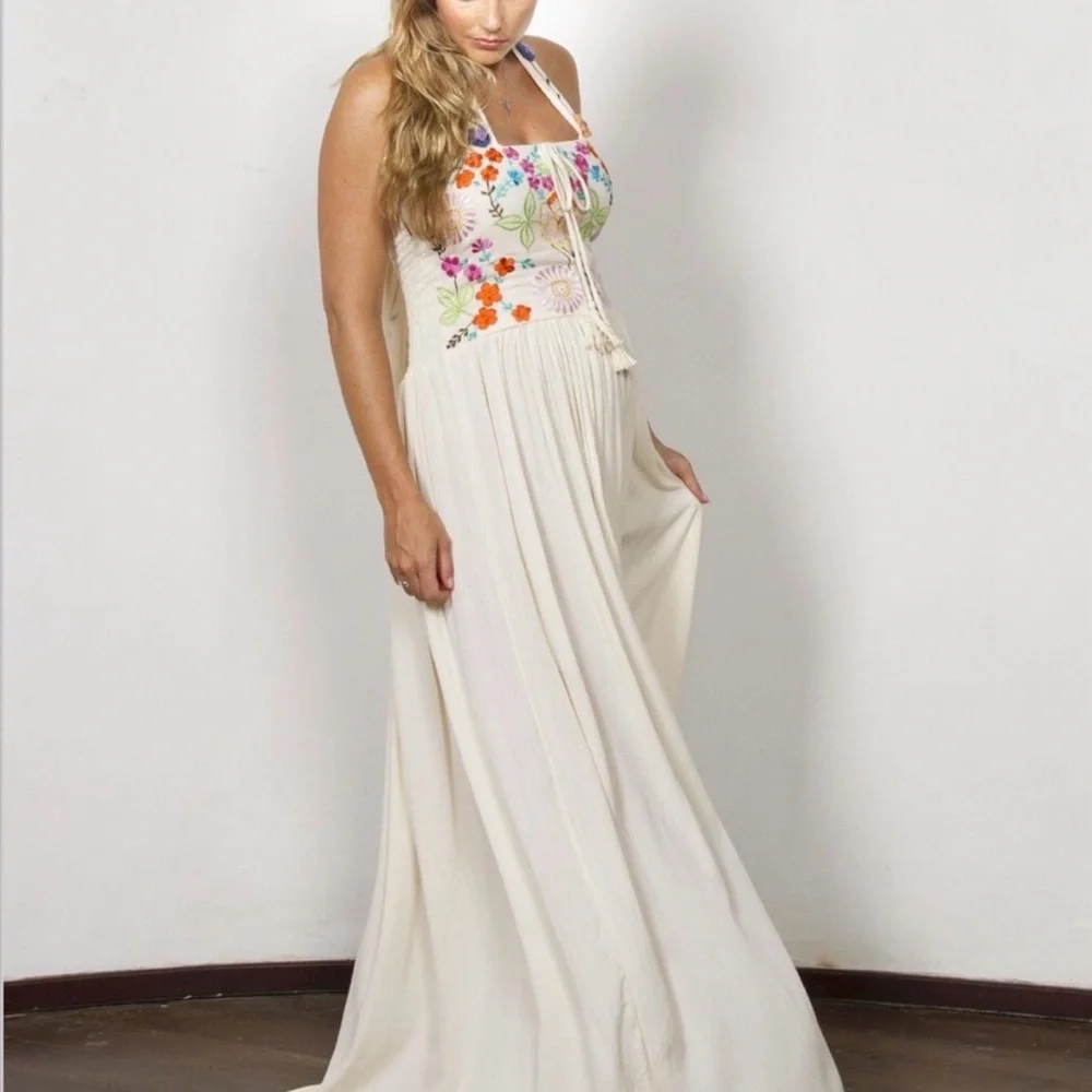 Vintage HTF Bonita Floral Embroidered halter Maxi Dress - Picture 2 of 7